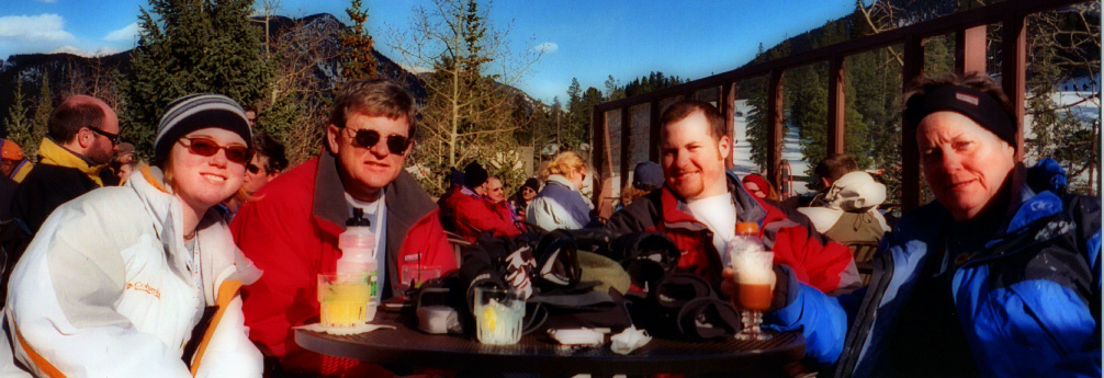 Here is the crew after a hard day of skiing.  We lasted from 8:30 am till about 3:45 pm today.  We were proud of ourselves this time.  So we stopped off to have some adult beverages at the Last Lift Bar at the Mountain House.
